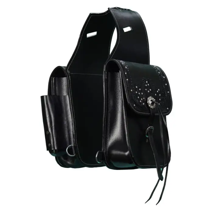 Leather Saddle Bag Black Floral Carved Decorated With Studs 10x10 size - Image 1