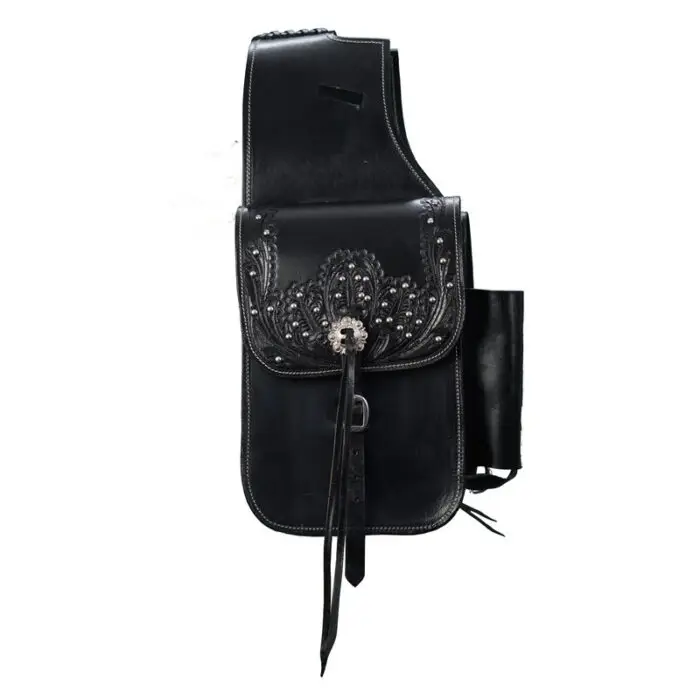 Leather Saddle Bag Black Floral Carved Decorated With Studs 10x10 size - Image 2