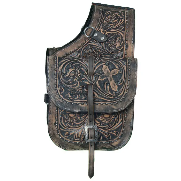Leather Saddle Bag Black Roughout Floral Tooled and Cross Design - Image 1
