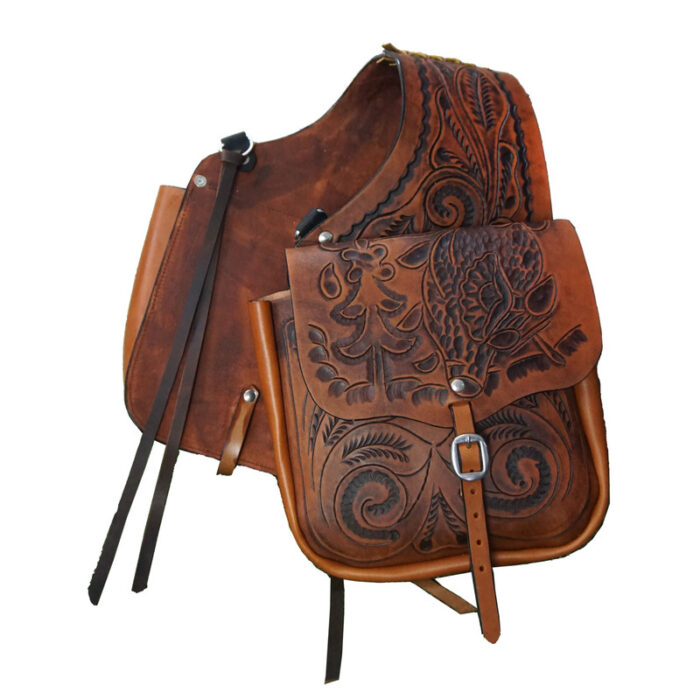 Leather Saddle Bag Brown Single Strap Floral Tooled Leather Saddle Bag - Image 2