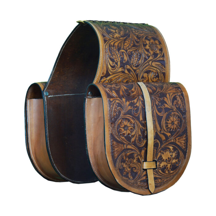 Leather Saddle Bag Brown Single Strap Floral Carving Saddle Bag - Image 1