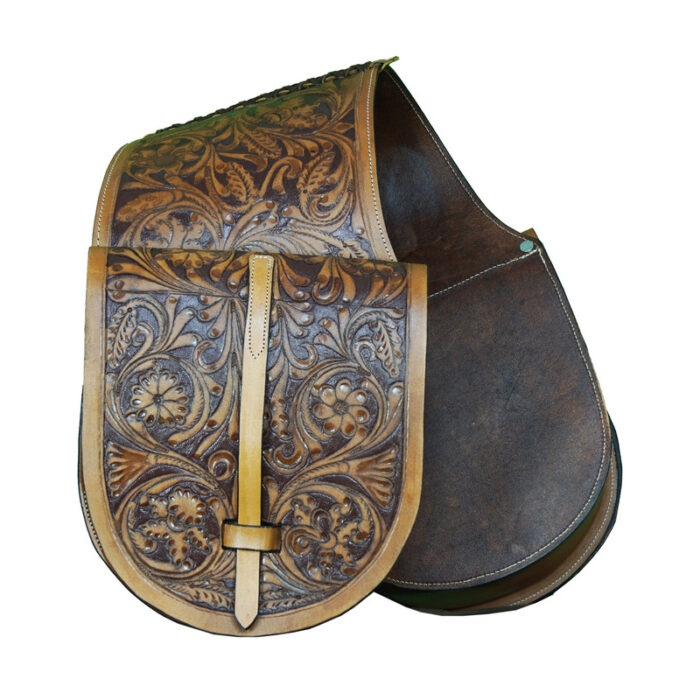 Leather Saddle Bag Brown Single Strap Floral Carving Saddle Bag - Image 4