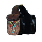 Leather Saddle Bag Brown Single Strap Bull Skull Painted Saddle Bag