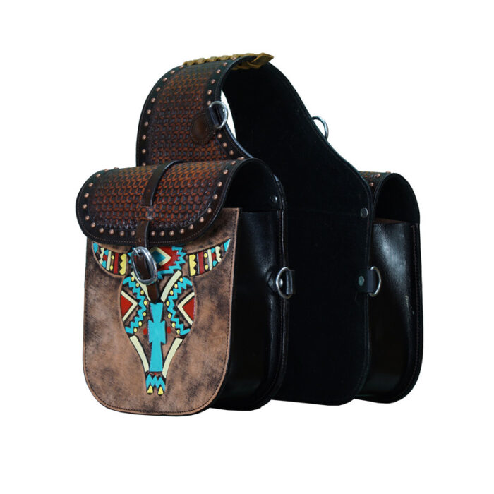 Leather Saddle Bag Brown Single Strap Bull Skull Painted Saddle Bag - Image 1