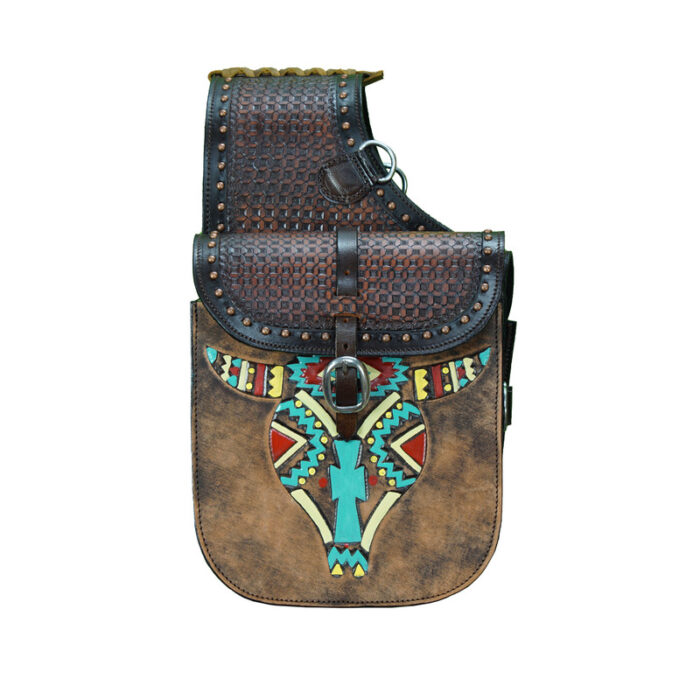 Leather Saddle Bag Brown Single Strap Bull Skull Painted Saddle Bag - Image 2