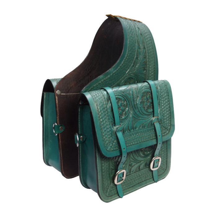 Leather Saddle Bag Brown Floral Carved Two Strap-1 - Image 1