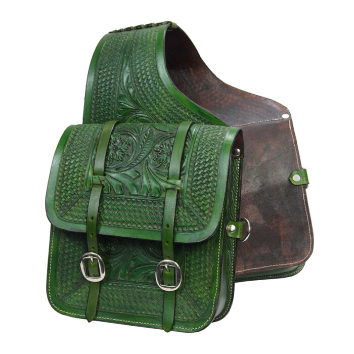 Leather Saddle Bag Brown Floral Carved Two Strap-2 - Image 2