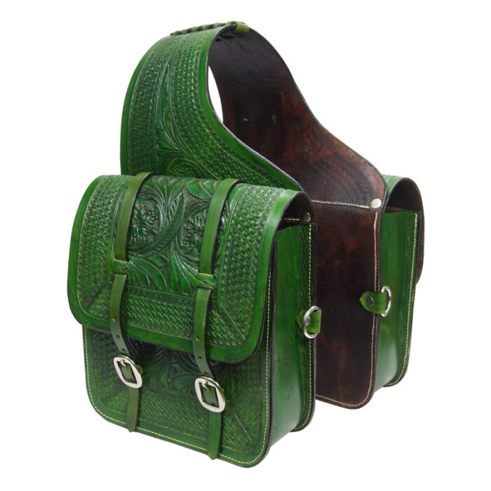 Leather Saddle Bag Brown Floral Carved Two Strap-2 - Image 3
