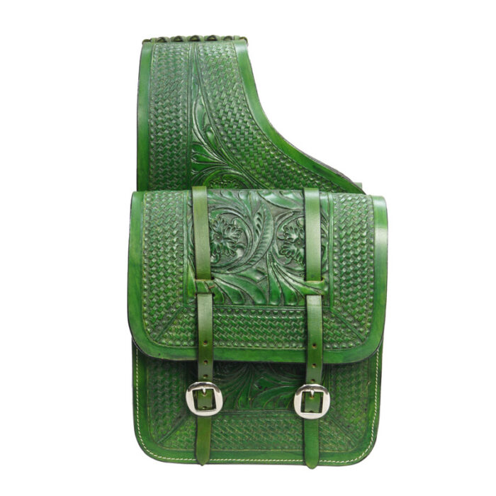 Leather Saddle Bag Brown Floral Carved Two Strap-2 - Image 1